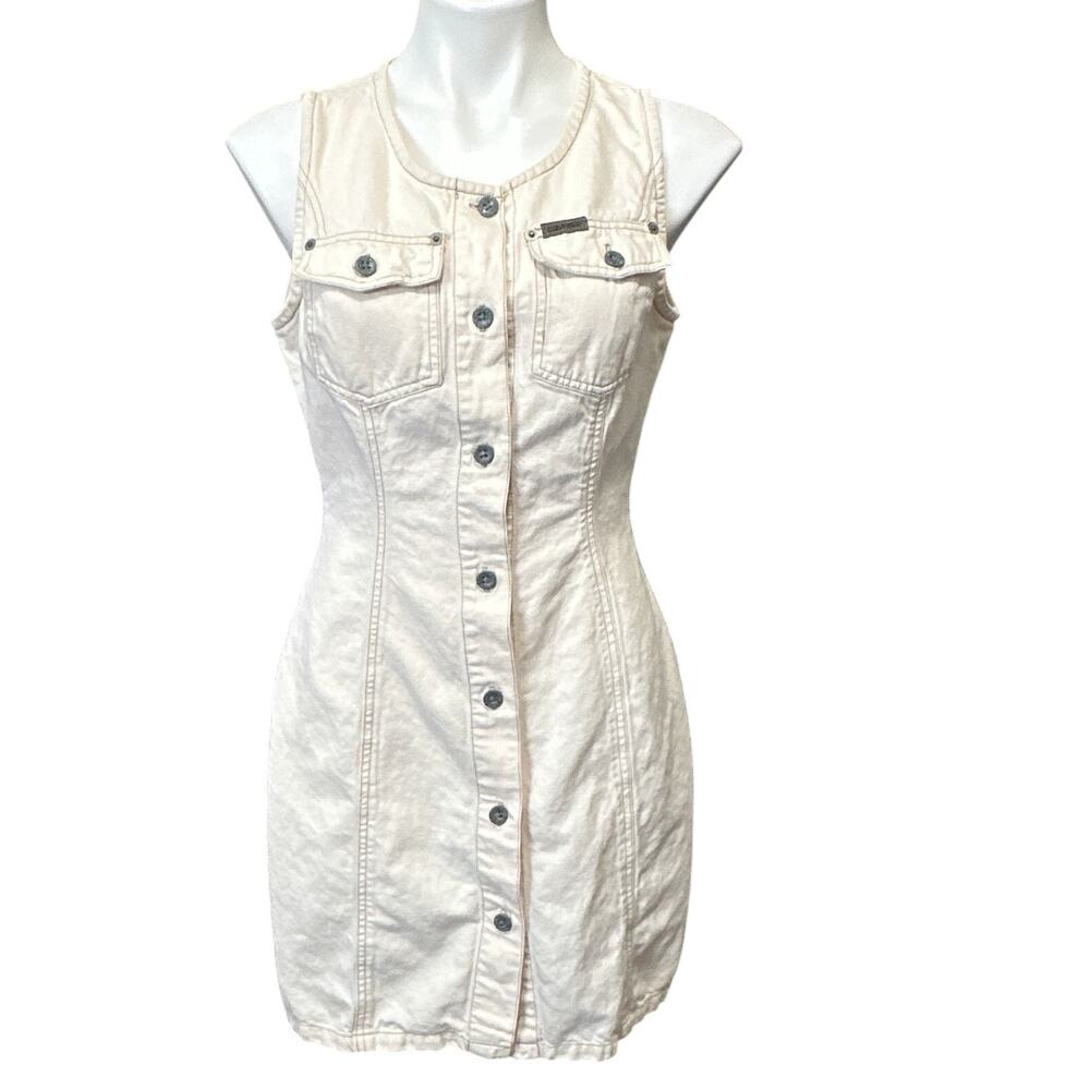 Calvin Klein Jeans Denim Dress Women's Size 9 (6-8) Ivory Button Front Vintage